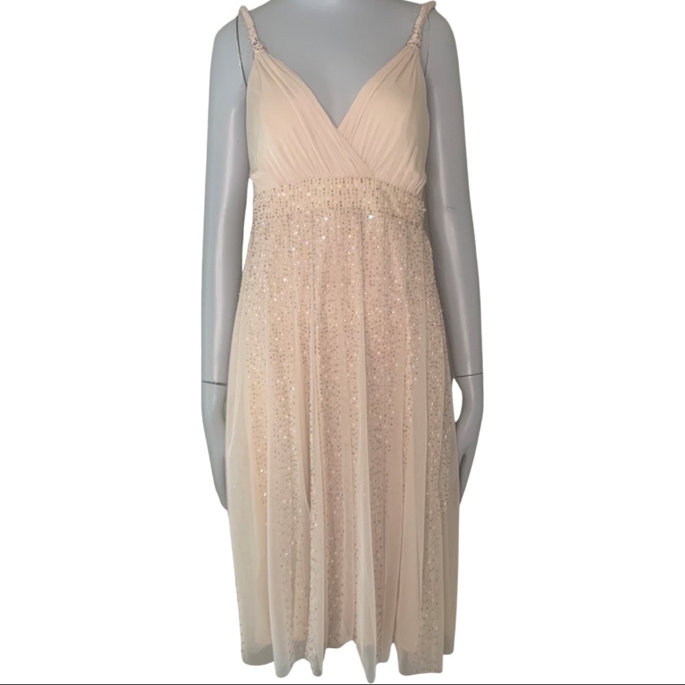 BCBGMAXAZRIA Sequin Embellished Nude Blush Sleeveless Midi Dress - Picture 1 of 16